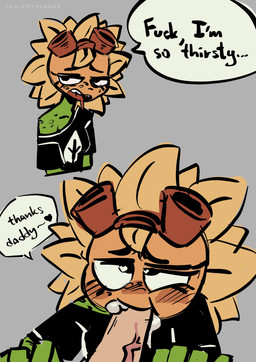 blush bodily_fluids breasts clothed clothing eyewear eyewear_on_head fellatio female flower freckled_face freckled_shoulders freckles genital_fluids genitals goggles goggles_on_head green_body oral penile penis plant profanity sex simple_background smile solo text tea_patriarch electronic_arts plants_vs._zombies plants_vs._zombies_heroes popcap_games solar_flare_(pvz) elemental_creature elemental_humanoid flora_fauna flower_creature humanoid plant_humanoid sunflower_(pvz) 2026 absurd_res digital_media_(artwork) english_text hi_res