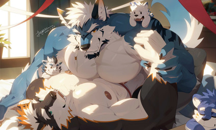 abs anthro barazoku bed bedroom biceps big_muscles big_pecs black_body black_fur blue_body blue_eyes blue_fur bulge chibi claws clothed clothing curtains deltoids duo facial_markings finger_claws fur furniture gloves_(marking) grabbing_wrist green_eyes hair head_markings heterochromia highlights_(coloring) huge_pecs legs_around_partner legs_around_waist looking_at_viewer lying male markings multicolored_body multicolored_fur muscular muscular_anthro muscular_male nipples on_back on_bed on_top_of_another open_mouth orange_body orange_eyes orange_fur orange_highlights pawpads pecs plant plant_pot ponytail potted_plant scales smile tail underwear underwear_only white_body white_clothing white_fur white_hair white_scales white_underwear window forgetch mythology canid canine canis dragon mammal mythological_creature mythological_scalie scalie wolf 2025 hi_res signature