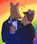 dancing duo eyes_closed hand_holding heart_symbol husband husband_and_husband male male/male married_couple rainbow_background ring romantic romantic_couple simple_background smile lollygagged arthur_(series) nigel_ratburn patrick_ratburn aardvark mammal murid murine rat rodent