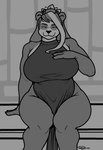 anthro bear big_breasts blizzard_entertainment breasts clothed clothing curvy_figure dress female giant_panda hi_res jakktwo looking_at_viewer mammal monochrome no_underwear pandaren seductive shu_(jakktwo) sitting smile solo thick_thighs voluptuous warcraft wide_hips