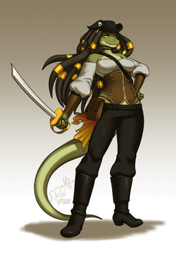 anthro biped boots breasts clothing cutlass dreadlocks female female_anthro footwear hair hat headgear headwear looking_at_viewer melee_weapon non-mammal_breasts pirate_outfit shoes simple_background smile solo standing sword underwear weapon kittydee zynn crocodile crocodilian reptile scalie 2016 digital_media_(artwork) hi_res shaded signature