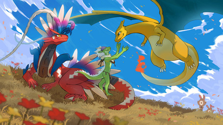 anthro biped blue_eyes bottomwear claws clothing cloud countershade_torso countershading feral fingers fire flaming_tail flower green_body group horn loincloth male plant red_body tail tailbutt wide_crotch wings kun_blackcat nintendo pokemon ancient_pokemon apex_build_koraidon charizard generation_1_pokemon generation_9_pokemon koraidon legendary_pokemon paradox_pokemon pokemon_(species) scalie 16:9 hi_res widescreen