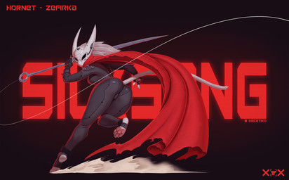 action_pose anthro armor black_background black_clothing black_skinsuit bladed_weapon butt camel_toe cloak clothing cosplay cyberpunk cyberpunk_clothes dust_cloud female fingerless_gloves fur gloves handwear headgear headwear helmet hornet's_needle looking_at_viewer looking_back looking_back_at_viewer pawpads pink_pawpads pose red_cloak red_clothing red_text simple_background skinsuit solo text tight_clothing toeless_legwear torn_cloak weapon white_body white_clothing white_fur white_headwear white_helmet hacatiko hollow_knight:_silksong hollow_knight_(franchise) team_cherry hornet_(hollow_knight) zefirka_(hacatiko) domestic_cat felid feline felis mammal 2025 artist_name hi_res signature