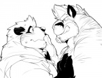 anthro claws duo eye_contact facial_hair finger_to_mouth fur hair hand_on_chest licking licking_lips looking_at_another male muscular muscular_male self_lick short_hair side_view simple_background tongue tongue_out white_background kokukokuboo tairu bear cougar felid feline giant_panda mammal 2015 black_and_white monochrome sketch