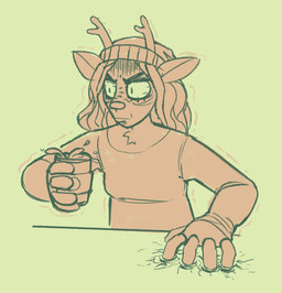 anthro antlers breasts clothed clothing coffee_cup container cup female freckles frown hat headgear headwear horn shirt solo topwear wide_eyed blueregardtwo elaine_(blueregardtwo) deer mammal hi_res