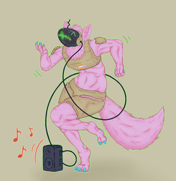 air_guitar anthro blue_claws claws dancing fur machine male musical_note musical_symbol navel pawpads pink_body solo speaker symbol waveform wire axentooth protogen hi_res