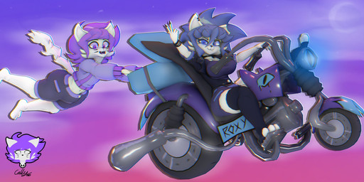 3_toes absolute_territory anthro belt black_clothing black_legwear black_nails black_thigh_highs blue_eyes blue_hair bottomwear bracelet clothing colored_nails cropped_sweater driving duo feet female fur gesture gradient_background grey_bottomwear grey_clothing grey_shorts hair hand_gesture jewelry legwear long_sleeves looking_at_viewer male midriff motorcycle nails open_mouth pupils purple_clothing purple_eyes purple_hair purple_sweater purple_topwear scared shocked short_hair shorts simple_background slit_pupils smile smiling_at_viewer spiky_hair sweater tail text thigh_highs toeless_thigh_highs toes topwear v_sign vehicle white_body white_fur wide_hipped_anthro wide_hipped_male wide_hips cryptiacurves cryptiacurves_(modeler) cally_(cryptiacurves) roxy_(cryptiacurves) domestic_cat felid feline felis mammal 3d_(artwork) absurd_res character_name chromatic_aberration digital_media_(artwork) hi_res watermark