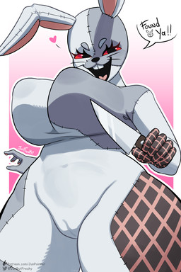 anthro big_breasts black_eyes black_nose breasts buckteeth camel_toe clothing costume dialogue eyebrows eyelashes female grey_body grey_eyebrows holding_knife holding_object huge_breasts knife low-angle_view nipple_outline open_mouth open_smile pink_inner_ear pink_tongue red_sclera smile teeth text thick_thighs tongue whiskers white_body white_ears wide_hips junpainter five_nights_at_freddy's scottgames vanny_(fnaf) lagomorph leporid mammal rabbit 2:3 absurd_res artist_name english_text hi_res signature