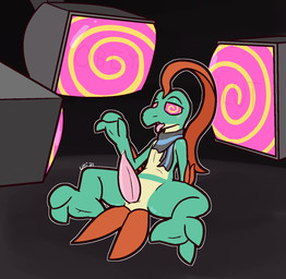 animal_genitalia anthro big_penis black_scarf blue_scarf bodily_fluids erection fingers genital_fluids genital_slit genitals green_body green_scales hair half-closed_eyes hypnosis hypnotic_screen male mind_control mostly_nude narrowed_eyes open_mouth orange_body orange_hair orange_scales penis pink_eyes pink_penis precum scales scarf scarf_only sitting spiral spiral_eyes submissive submissive_anthro submissive_male tapering_penis tongue tongue_out yellow_body yellow_eyes yellow_scales ultilix nintendo pokemon reven_(revrevvin) generation_3_pokemon grovyle pokemon_(species) 2023 hi_res