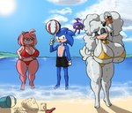 anthro beach big_breasts bikini bodily_fluids breasts clothing female group huge_breasts male male/female seaside sweat swimwear trio two-piece_swimsuit megahand6 idw_publishing sega sonic_the_hedgehog_(comics) sonic_the_hedgehog_(idw) sonic_the_hedgehog_(series) amy_rose lanolin_the_sheep_(sonic) maggie_(sonic) sonic_the_hedgehog alien bovid caprine eulipotyphlan hedgehog magenta_wisp_(sonic) mammal sheep wisp_(sonic) 2023 hi_res