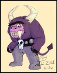 belt black_border border eyebrows fangs fur horn male purple_body purple_fur smile solo teeth unibrow ishigray cartoon_network foster's_home_for_imaginary_friends eduardo_(fhfif) bovid bovine imaginary_friend mammal monster 2018 hi_res