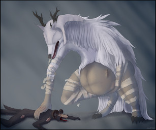 abdominal_bulge after_vore anthro antlers belly big_belly black_border border female fur horn imminent_vore size_difference vore white_body white_fur asaneman bloodborne fromsoftware sony_corporation sony_interactive_entertainment vicar_amelia canid canine canis mammal wolf