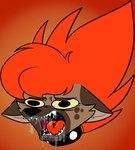 anthro black_collar black_eyes black_nose black_piercing bodily_fluids brown_body brown_ears brown_eyebrows brown_fur brown_markings brown_spots collar derp_eyes eyebrows eyelashes female front_view fur hair markings piercing pointy_ears prick_ears red_background red_hair red_tongue saliva sharp_teeth simple_background snout solo spots spotted_body spotted_fur studded_collar studs teeth tongue tongue_piercing yellow_sclera kabula_(artist) alex_scott hyena mammal 2016 colored digital_drawing_(artwork) digital_media_(artwork) headshot_portrait portrait