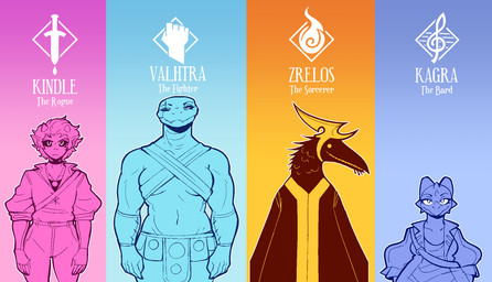 ambiguous_gender anthro black_body black_clothing black_feathers black_fur black_sclera blue_clothing clothed clothing eye_scar eyelashes facial_scar fangs feathers female fur horn humanoid_pointy_ears jewelry looking_at_viewer necklace pink_clothing pointy_ears scar smile teeth white_eyes yellow_clothing conditional_dnp welwraith dungeons_and_dragons hasbro wizards_of_the_coast kagra_(glimgam) kindle_(snowytheghost) valhtra_(ncs) zrelos_(thehoeartiste) avian bird corvid corvus_(genus) crow demon humanoid kobold oscine passerine reptile scalie 2026 digital_drawing_(artwork) digital_media_(artwork) hi_res