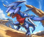 action_pose ambiguous_gender black_sclera claws detailed_background feral open_mouth outside pose running sharp_teeth solo teeth yellow_eyes nasuno_posi nintendo pokemon garchomp generation_4_pokemon pokemon_(species)