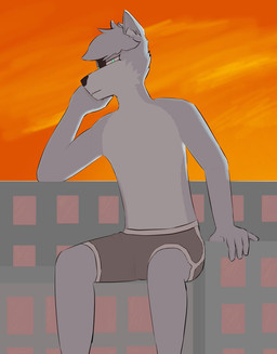 anthro athletic_wear black_nose bottomwear clothed clothing fingers fur green_eyes grey_body grey_bottomwear grey_clothing grey_fur grey_hair gym_bottomwear gym_shorts hair holding_head macro macro_anthro macro_male male orange_sky partially_clothed shorts sitting sitting_on_building sky solo topless hurgburg foxhound_(fanteliscio) canid canine canis mammal wolf