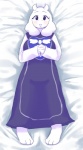 3_toes anthro bed bedding biped blanket blush clothed clothing dakimakura dress eyelashes feet female fur furniture horn looking_at_viewer lying mature_anthro mature_female on_back open_mouth solo suggestive toes white_body white_fur chinad011 undertale undertale_(series) toriel boss_monster_(undertale) bovid caprine mammal 2015 dakimakura_design digital_media_(artwork)