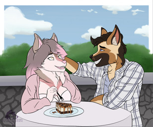 anthro big_breasts birthday blue_eyes breasts brown_body brown_fur cake chest_tuft cleavage clothed clothing cloud cutlery date dessert duo eye_contact female food fork fur furniture garden hand_behind_head highlights_(coloring) kitchen_utensils looking_at_another male male/female raised_arm smile table tools tuft yellow_eyes conditional_dnp grinn3r canid canine canis domestic_dog mammal wolf 2021