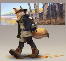 anthro backpack black_body black_fur black_nose black_tail boots bottomwear clothed clothing coat footwear fully_clothed fur green_eyes hand_in_pocket leaf legwear male mountain multicolored_body multicolored_fur multicolored_tail orange_body orange_fur orange_tail outside plant pockets shoes shorts simple_background solo tail topwear tree visor walking white_body white_fur white_tail lokey canid canine fox mammal 2017 hi_res