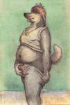 anthro archived_source bd belly blep bodily_fluids bulge canid canine clothed clothing fur genital_fluids hair holding_bulge looking_at_viewer male mammal navel raised_tail slightly_chubby solo stain tail tongue tongue_out traditional_media_(artwork) urine wetting