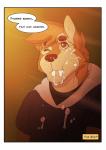 anthro baraking bodily_fluids border canid canine canis clothing comic cum cum_in_mouth cum_inside cum_on_face dialogue digital_media_(artwork) domestic_dog english_text fur genital_fluids hi_res hoodie male mammal one_eye_closed solo text topwear wachi_(character) white_border