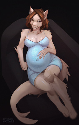 anthro belly big_belly big_breasts breasts clothed clothing dress female fur furniture hair looking_at_viewer lying on_back on_sofa pregnant pregnant_anthro pregnant_female simple_background smile sofa solo tail wienermozart aquatic canid canine fish fox hybrid mammal shark digital_media_(artwork) hi_res