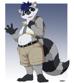 anthro backpack belly belt black_body black_fur blue_eyes blue_hair bottomwear claws clothed clothed_male clothing fur gesture gradient_background grey_body grey_fur hair male male_anthro navel shirt shorts simple_background smile solo standing tan_bottomwear tan_clothing tan_shorts tongue topwear waving white_body white_fur pandottermon coby_(pandottermon) mammal procyonid raccoon 2025 colored dated hi_res signature