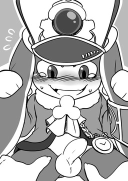ambiguous_gender anthro balls blush bodily_fluids bottomless clock clothed clothing cravat duo emanata genitals half-erect hands_on_legs hands_on_thighs hat headgear headwear looking_down looking_down_at_genitalia looking_down_at_penis male male/ambiguous male_focus penis pocketwatch solo_focus sweat sweatdrop tears watch young young_anthro young_male saku1saya honkai:_star_rail mihoyo pom-pom_(honkai:_star_rail) lagomorph mammal absurd_res greyscale hi_res monochrome