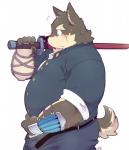 anthro armor asian_sword bracers kemono male melee_weapon ninjato obese obese_anthro obese_male overweight overweight_anthro overweight_male simple_background solo sword weapon white_background quanjiang third-party_edit lifewonders tokyo_afterschool_summoners moritaka_(tas) canid canine canis domestic_dog mammal hi_res