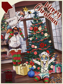 4_toes adolescent anthro bottomwear box breasts christmas_clothing christmas_decorations christmas_lights christmas_tree clothed clothing container detailed_background ear_piercing eyewear feet female fingers fur gift_box glasses group hair holding_object holidays hoodie leg_warmers legwear on_top_of onesie piercing plant shorts sitting smile snowing_outside standing tail text toes topwear tree trio wearing_glasses young young_anthro young_female gogogrey christmas bear giant_panda hare lagomorph leporid mammal rabbit digital_media_(artwork) english_text hi_res