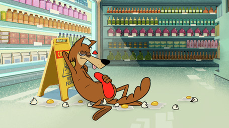 anthro brown_body brown_fur clothing detailed_background egg egg_sac eggshell fluffy fluffy_tail food fur half-closed_eyes hand_behind_head hat headgear headwear heart_symbol holding_food holding_object leaning leaning_on_object leaning_on_sign looking_at_viewer lying male meat narrowed_eyes null one_eye_closed salami sausage screencap screencap_background sign slightly_chubby smile smiling_at_viewer solo spread_legs spreading store store_clerk store_sign suggestive_pose tail wink winking_at_viewer bob-jiggles cartoon_network hbo_max jellystone_(hbo_max) warner_brothers mildew_wolf canid canine canis mammal wolf 16:9 4k absurd_res hi_res widescreen