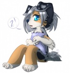 4_toes ambiguous_gender anthro blue_eyes feet fur grey_hair hair nude pillow simple_background solo tan_body tan_fur toes white_background white_body white_fur rikitoka canid canine canis domestic_dog mammal