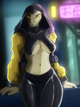 anthro black_clothing bottomwear breasts cleavage clothed clothing curvy_figure detailed_background female glistening glistening_clothing hood hourglass_figure lights looking_at_viewer midriff navel neon pants pupils sign skimpy slit_pupils solo tight_clothing yellow_eyes seb_valenz ximena_(seb_valenz) reptile scalie snake 3:4 absurd_res hi_res