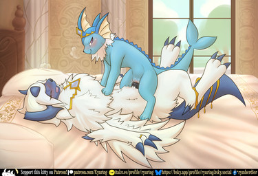 bed bedroom_eyes blue_body blush bodily_fluids cowgirl_position detailed_background duo female female_penetrated feral feral_on_feral feral_penetrated feral_penetrating feral_penetrating_feral from_front_position fur furniture genital_fluids genitals horn inside jewelry looking_pleasured lying male male/female male_penetrated male_penetrating male_penetrating_female narrowed_eyes neck_scar on_back on_bed on_bottom on_top open_mouth penetration penile penile_penetration penis penis_in_vagina pillar pillow plant ring_(jewelry) scar seductive sex small_top_big_bottom smile tail tree vaginal vaginal_fluids vaginal_penetration vulva white_body white_fur window wings rymherdier nintendo pokemon eeveelution generation_1_pokemon generation_6_pokemon mammal mega_absol mega_evolution pokemon_(species) vaporeon digital_media_(artwork) hi_res