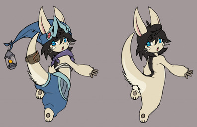 ambiguous_gender anthro black_hair bottomwear clothed clothing fluffy fluffy_tail fox_ears fur hair hat headgear headwear lamp lantern long_tail looking_back nude pants pawpads paws scarf simple_background solo tail whiskers honky_kat made_in_abyss fan_character mammal narehate