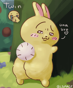 anthro detailed_background duo emoji flower food forest fruit hand_on_mouth heart_symbol inviting plant scut_tail short_tail shrub solo standing tail text tree yellow_body lspagf chiikawa usagi_(chiikawa) animal_humanoid humanoid lagomorph lagomorph_humanoid leporid_humanoid mammal mammal_humanoid rabbit_humanoid absurd_res hi_res