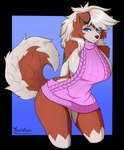 alpha_channel anthro big_breasts blue_eyes breasts canid canine clothing female fur generation_7_pokemon hi_res lycanroc mammal meme meme_clothing nintendo paper papercut_(character) pink_clothing pink_sweater pink_topwear pinup pokemon pokemon_(species) pose red_body red_fur solo sweater text topwear url virgin_killer_sweater yumiiefox