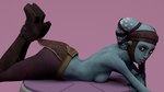 16:9 3d_(artwork) aayla_secura alien alien_humanoid blue_body blue_skin breasts brown_eyes clothed clothing digital_media_(artwork) female habariart humanoid looking_at_viewer lying on_front pink_background simple_background solo star_wars topless twi'lek weapon widescreen