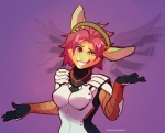 anthro armor clothed clothing female fur green_nose hair heterochromia orange_body orange_fur pose red_hair simple_background solo aycee blizzard_entertainment overwatch ac_(aycee) mercy_(overwatch) unknown_species