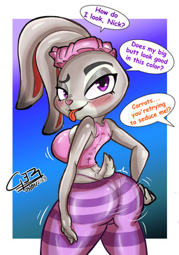 anthro athletic blush bottomwear bra breasts butt clothed clothing female female_anthro leggings legwear looking_at_viewer panties panty_lines pattern_bottomwear pattern_clothing shaking_butt smile solo speech_bubble sports_bra standing striped_bottomwear striped_clothing stripes tail text thong underwear ger_art's disney zootopia judy_hopps european_rabbit lagomorph leporid mammal oryctolagus rabbit 2025 absurd_res dated english_text hi_res signature