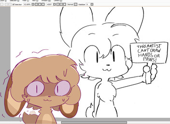 4_fingers :3 anthro big_eyes bodily_fluids brown_body brown_fur brown_hair cotton_tail duo ears_down eyebrow_through_hair eyebrows fingers floppy_ears fur hair head_tuft holding_object holding_sign humor kemono lop_ears male meta_humor motion_lines neck_tuft pivoted_ears pupils screencap shadow sign slit_pupils smile standing stressed sweat tail tail_motion tail_tuft tailwag text translucent translucent_hair tuft user_interface worried sodanalan1998 paint_tool_sai_(copyright) clover_(fiddleafox) lagomorph leporid mammal rabbit 2025 digital_drawing_(artwork) digital_media_(artwork) dithering english_text hi_res line_art paint_tool_sai_(artwork) sketch