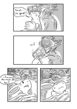 anthro blush bodily_fluids buckteeth drooling duo female hand_on_chest lying lying_on_another male muzzle_(object) muzzled nervous nodding on_back saliva scared shaded_face shaking_head sweat teeth text dragonweirdo beastars haru_(beastars) legoshi_(beastars) canid canine canis lagomorph leporid mammal rabbit wolf absurd_res comic english_text hi_res monochrome