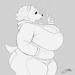 anthro big_breasts breasts cigarette cleavage clothed clothing female gesture hand_gesture huge_breasts obese overweight solo standing sweatshirt thick_thighs v_sign cbanov223 animal_crossing nintendo sable_able eulipotyphlan hedgehog mammal 1:1 absurd_res hi_res monochrome