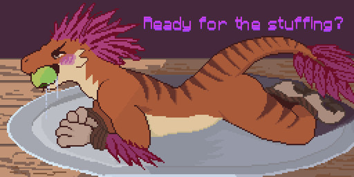 3_fingers annoyed anthro apple apple_in_mouth arms_tied bdsm blush bodily_fluids bondage bound drooling feather_hair feathers feet fingers food food_fetish fruit legs_tied male orange_body orange_scales plant pseudo_hair roleplay saliva saliva_string scales solo stripes talons text toes u4e dinosaur dromaeosaurid prehistoric_species reptile saurischian scalie theropod 2:1 animated digital_media_(artwork) hi_res pixel_(artwork) pixel_animation