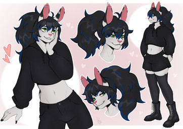 anthro black_hair blue_highlights boots bottomwear claws clothing cropped_hoodie ear_piercing ear_ring femboy footwear fur green_eyes hair highlights_(coloring) industrial_piercing industrial_piercing_ladder legwear lgbt_pride male markings nails nonbinary_pride_colors pansexual_pride_colors piercing ponytail pride_color_piercing pride_colors ring_piercing shoes shorts solo spots spotted_body stockings tail thigh_highs white_body white_fur renhard jayne_doe_(tsarfox64) blanc_de_hotot domestic_rabbit lagomorph leporid mammal oryctolagus rabbit 2025 absurd_res hi_res nonbinary_(lore)