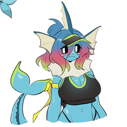anthro anthrofied arm_tie big_breasts bikini_thong black_clothing black_sclera black_topwear blush blush_stickers bra breasts cleavage clothed clothing ear_frill female frill_(anatomy) glistening glistening_body hair hat headgear headwear mouth_closed multicolored_hair navel neck_frill pokemorph short_hair solo sports_bra swimwear tail topwear underwear visor_cap wide_hips shiyaa_stuff nintendo pokemon velena_(shiyaa_stuff) eeveelution generation_1_pokemon pokemon_(species) vaporeon 1:1 bust_portrait half-length_portrait portrait
