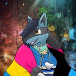 clothing collar demisexual_pride_colors evolutionary_stone flag hoodie lgbt_pride male mega_stone pansexual_pride_colors pride_color_flag pride_colors solo topwear wearing_flag rhode_arts nintendo pokemon rhode_(rhode_arts) generation_4_pokemon lucario pokemon_(species) 1:1 hi_res