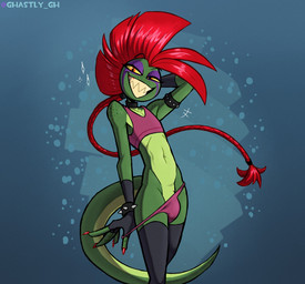 alternative_fashion anthro bedroom_eyes blue_background bracelet bulge clothing collar crop_top femboy fingerless_gloves freckles genitals gloves green_body green_scales grin hair half-closed_eyes handwear inviting jewelry legwear male mohawk multicolored_body multicolored_scales narrowed_eyes penis penis_base punk red_hair scales seductive sharp_teeth shirt simple_background smile smirk smug smug_face smug_grin solo spiked_bracelet spikes stockings studded_armlet teeth thong topwear two_tone_body two_tone_scales underwear yellow_sclera ghastlygh ash_(g-h-) gecko lizard reptile scalie hi_res nonbinary_(lore)