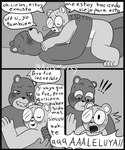 anthro biped blush bodily_fluids dialogue duo eyewear glasses hug lying male male/male sweat text axismarcy unicorn_wars padre_(unicorn_wars) sargento_caricias bear mammal 2023 absurd_res comic hi_res monochrome spanish_text