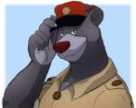 5_fingers anthro blue_background border claws clothed clothing fingers fur grey_body grey_fur half-closed_eyes hat headgear headwear looking_at_viewer male narrowed_eyes red_nose simple_background smile smirk solo tipping_hat white_border shadowninja976 disney talespin the_jungle_book baloo bear mammal sloth_bear ursine 2016 colored_sketch digital_drawing_(artwork) digital_media_(artwork) sketch